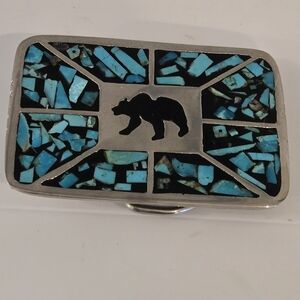 Turquoise Bear Belt Buckle Vtg Silver Tone Unique Rare 1980's Western Statement